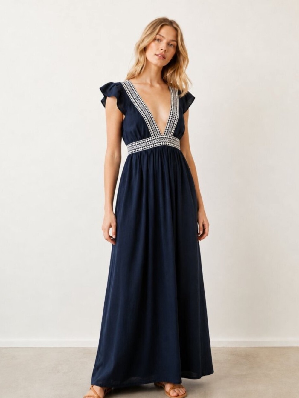 J.Crew Navy Ruffle Deep V-Neck Maxi Beach Dress Embroidered NWT Size Small